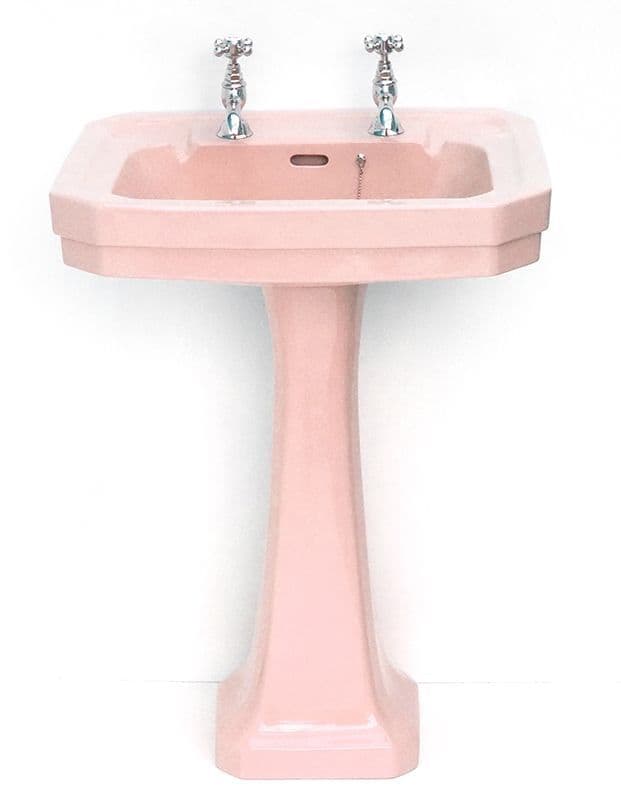 Coral Pink Victorian Art Deco 61cm 2TH Basin / Sink & Pedestal