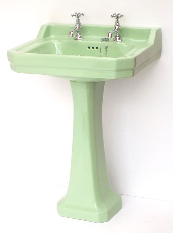 Light Green Edwardian Art Deco 61cm 2TH Basin / Sink & Pedestal