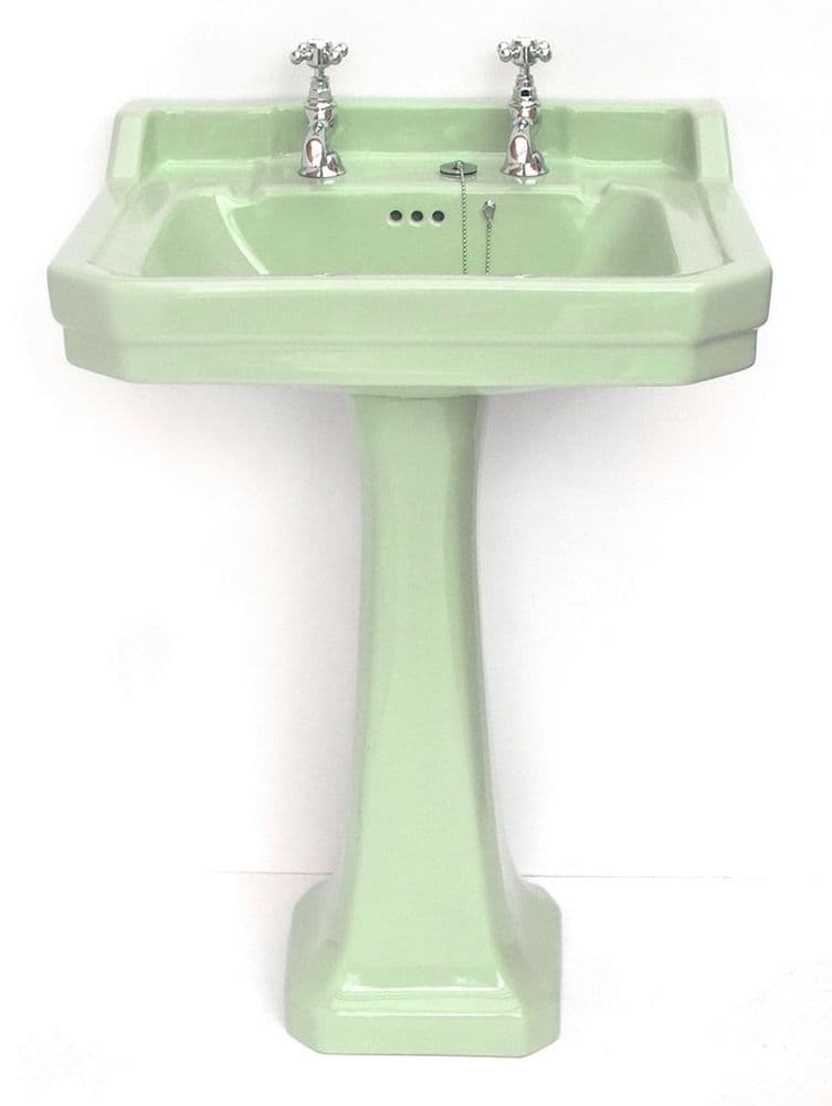 Light Green Edwardian Art Deco 61cm 2TH Basin / Sink & Pedestal