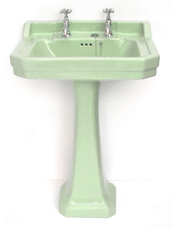 Light Green Edwardian Art Deco 61cm 2TH Basin / Sink & Pedestal