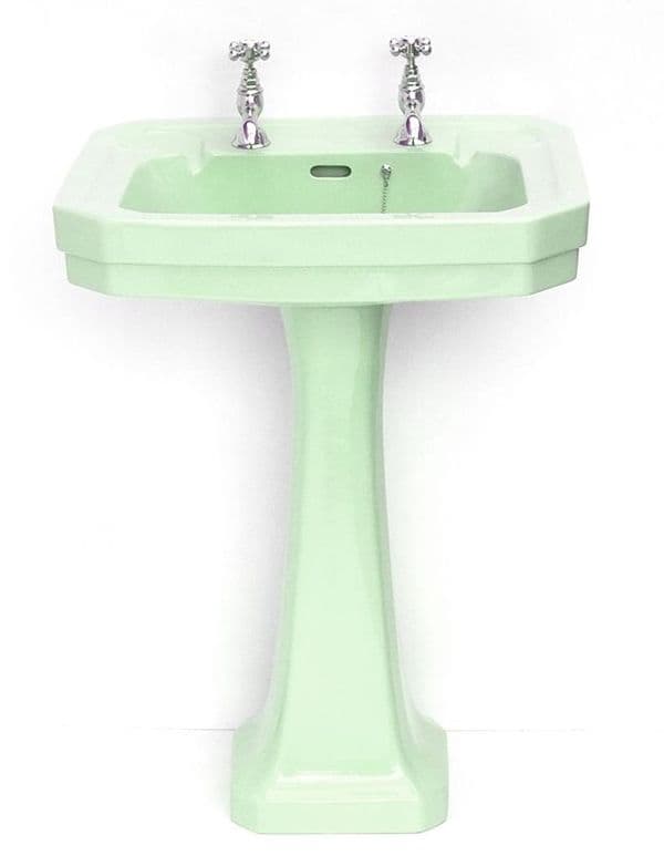 Light Green Victorian Art Deco 61cm 2TH Basin / Sink & Pedestal