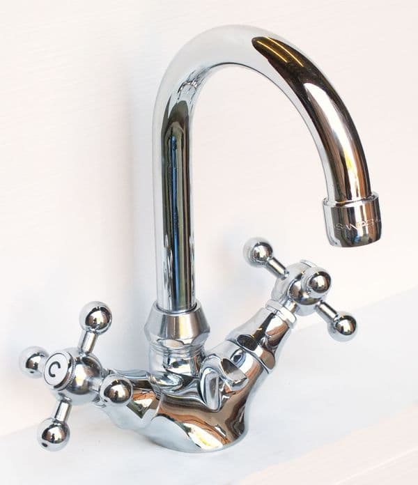 Sanperl monobloc swan neck washbasin / sink mixer tap Chrome with pop up waste
