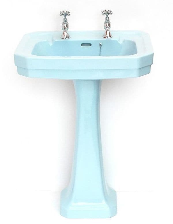 Sky Blue Victorian Art Deco 61cm 2TH Basin / Sink & Pedestal
