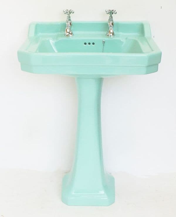 Turquoise Edwardian Art Deco 61cm 2TH Basin / Sink & Pedestal