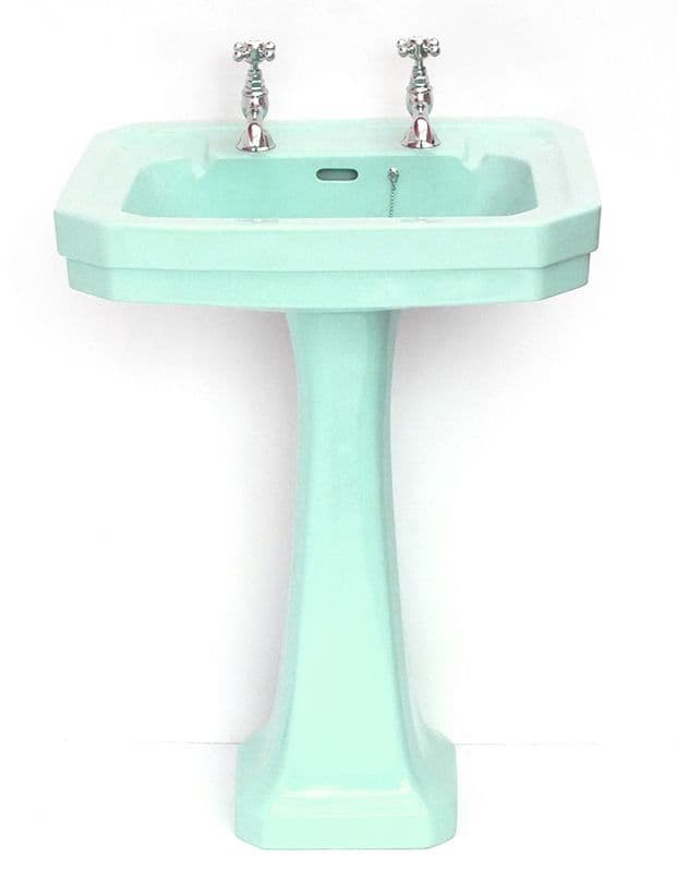 Turquoise Victorian Art Deco 61cm 2TH Basin / Sink & Pedestal