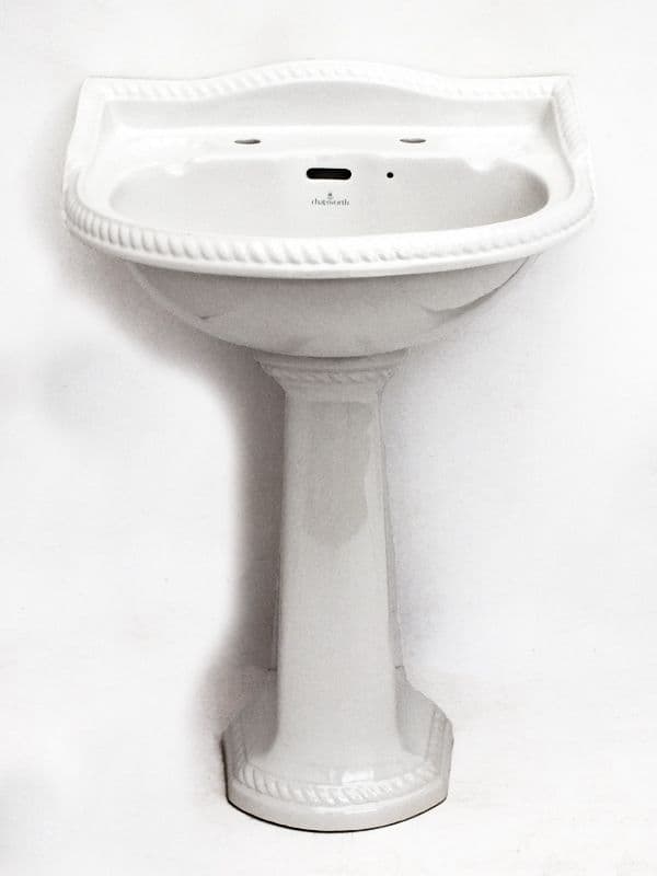 White Chatsworth Victorian Rope Edge 60cm 2TH Basin / Sink & Pedestal