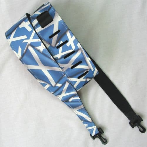 BANJO STRAP - black leather, scotch Saltire flag.