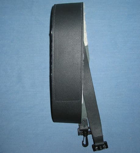 BANJO STRAP- black leather sheep skin lining, adjustable.