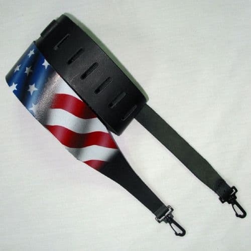 Banjo strap - black leather, USA Union flag.