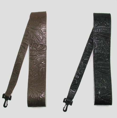 BANJO STRAP with black or brown leather suede lining and embossed western flowers, adjustable.