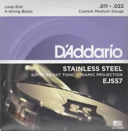 D'Addario EJS57, 5 String Banjo Strings-medium gauge, stainless steel wound, loop ended.