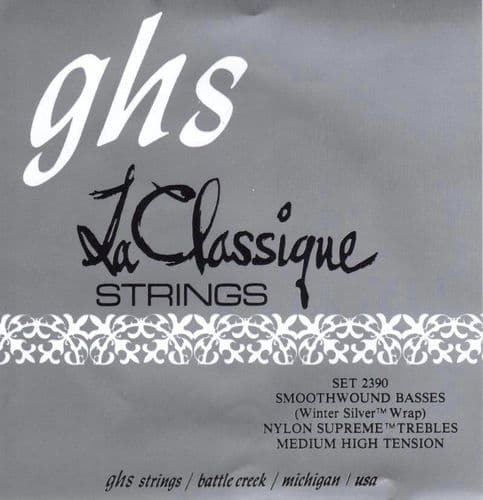 GHS 2390, Classic Guitar Strings-clear nylon, smooth wound, medium tension.