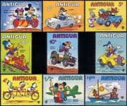 Antigua 1979 IYC/ Disney/ Train/ Car/ Bikes/ Motorcycle/ Plane/ Cycling/ Cartoons 9v set (b1605h)