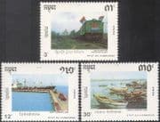 Cambodia 1990 Ships/ Trains/ Railway Locomotive/ Fishing Boats/ Nautical/ Transport/ Commerce/ Industry/ Business 3v set (b9019)