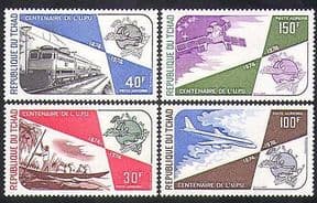 Chad 1974 UPU  /  Postal Transport  /  Train  /  Rail  /  Plane  /  Satellite  /  Aviation 4v set n36472