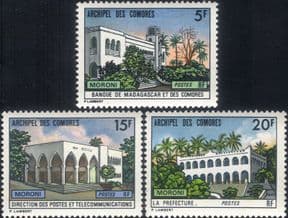 Comoros (Comores) 1973  Post Office/ Bank/ Prefecture/ Buildings/ Architecture  3v set  (n22853)