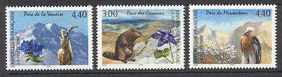 France 1996 Parks / Beaver / Ibex / Bird / Raptor / Flower 3v s90