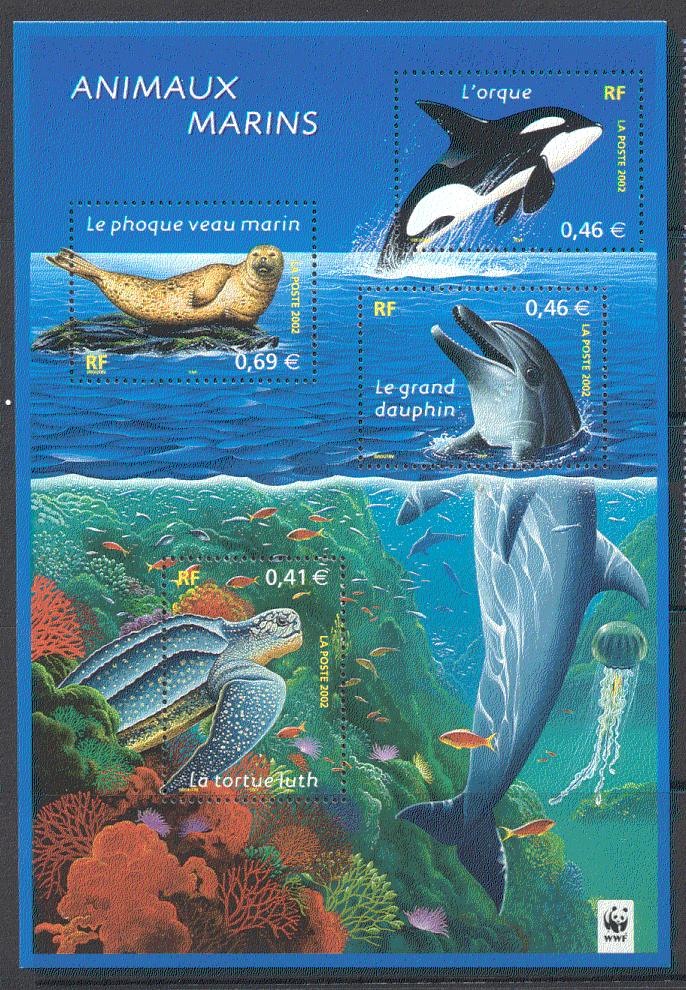 France 2002 WWF/ Marine Animals/ Turtle/ Dolphin/ Whale/ Seal/ Nature/ Wildlife 4v sht (s24)