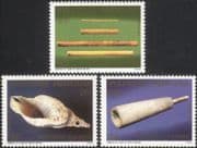 French Polynesia 1987 Musical Instruments/ Bamboo Pipes/ Shell Horn/ Miro Wood Horn/ Music 3v set (n45234)