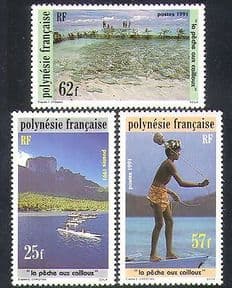 French Polynesia 1991 Stone Fishing  /  Canoes  /  Fish  /  Food  /  Boats  /  Transport 3v (n36361)
