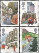 GB 1985 Post/ Motorcycle/ Bus/ Van/ Postman/ Transport/ Mail/ Buildings/ Motorbikes 4v set (n30749)