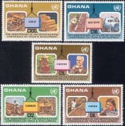 Ghana 1985 UNCTAD/ Gold/ Coffee/ Cocoa/ Farming/ Food/ Crops/ Minerals/ Produce 5v set (s1668q)