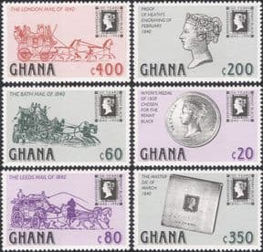 Ghana 1990  Penny Black 150th/ Mail Coaches/ Stamp-on-Stamp/ S-on-S/ Transport  6v set (s1668e)