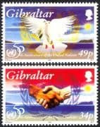 Gibraltar 1995 United Nations/ UN 50th Anniversary/ Dove/ Hands/ Peace/ Handshake/ Birds/ Nature 2v set (n44592)