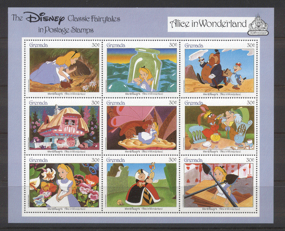 Grenada 1988  Disney  ALICE/ CAT/ Moth/ Dog/ Films/ Cartoons/ Animation  9v sht  (n12013)