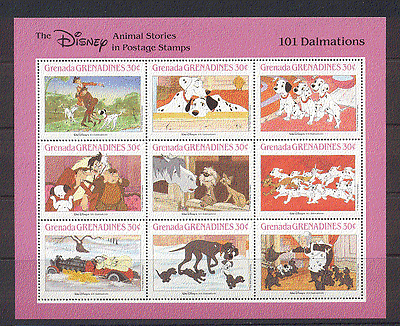 Grenada Grenadines 1988 Disney 101 Dalmations / Dogs / Film / Cinema 9v sht ref:s5760