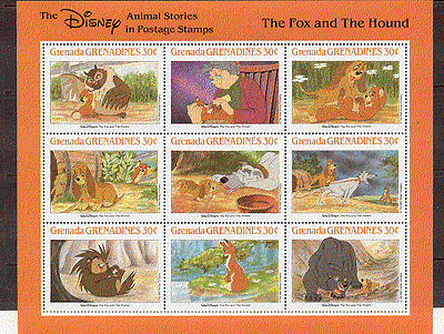 Grenada Grenadines 1988 Films / Cinema / Disney / Fox and Hound / Dog / Owl 9v sht (s5757)