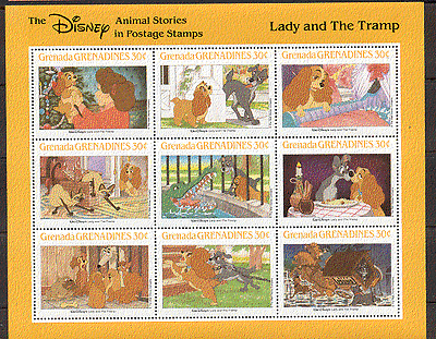 Grenada Grens 1988 Disney Dogs / Lady and the Tramp / Cat / Crocodile 9v sht s5755
