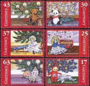 Guernsey 1998  Christmas/ Teddy/ Panda/ Bus/ Car/ Dolls/ Train/ Top/ Toys 6v set (b6216b)