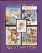 Hungary 1989 Pro Philatelia Yearbook LIMITED EDITION/ Stamp-on-Stamp/ S-on-S/ Birds/ Space/ Roses/ Flowers/ Flags imperf m/s (n45191)