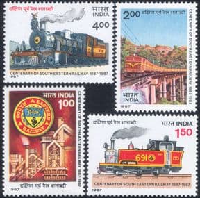India 1987  S E Railway Centenary/ Steam Engines/ Locomotives/ Trains  4v set  (s703g)