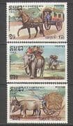 Kampuchea 1985 Horse / Elephant / Cattle / Cart 3v set n25897