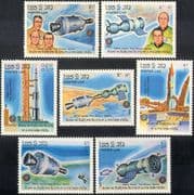 Laos 1985 Space Flight/ Soyuz-Apollo Link-up/ Rockets/ Transport 7v set (b7995)