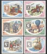 Laos 1990 Transport / Stamp on Stamp / Train / Balloon / Elephant / Horses 6v set b8051