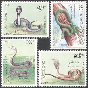 Laos 1992 King Cobra/ Common Cobra/ Wagler's Pit Viper/ Snakes/ Wildlife/ Reptiles 4v set (b449)