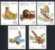 Laos 1996 Animals / Nature / Wildlife / Bear / Snake / Leopard / Pelican / Butterfly 5v n35223