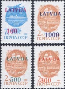 Latvia 1991  Trains/ Plane/ Horse/ Ship/ Transport/ Rail/ Aviation  4v set  surcharged  (n27381)