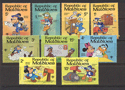Maldives 1979 Disney / MOTORCYCLE / DOGS / BIRDS 9v set b6065