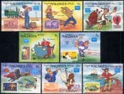 Maldives 1986 Disney/ Trains/ Cattle/ Baseball/ Stamp-on-Stamp/ Cartoons/ StampEx 8v set (b2033z)