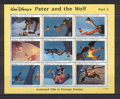 Maldives 1993 Disney / Peter & Wolf / Film / Cartoon / Animation / Animals 9v sht (s6149)