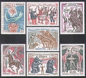 Monaco 1974 Circus  /  Clowns  /  Horses  /  Tigers  /  Elephants  /  Trapeze  /  Bicycle 7v set n34780