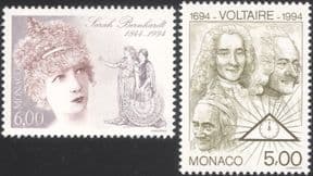 Monaco 1994 Voltaire/ Bernhardt/ Writer/ Arts/ Actress/ People/ Theatre 2v set (n21300)