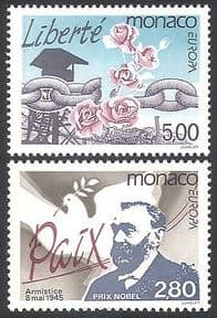 Monaco 1995 Europa  /  Peace  /  Freedom  /  Dove  /  Nobel Prize  /  Chain  /  Flowers 2v set (n40595)