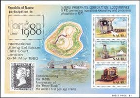 Nauru 1980  Trains/ Steam/ Diesel/ Rail/ Mining/ StampEx/ Map/ Transport   3v m/s   (n20768)
