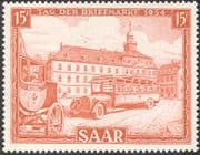 Saar 1954 Stamp Day/ Post Bus/ Coach/ Transport/ Town Hall/ Clock Tower/ Buildings/ Architecture 1v (n29836)