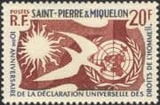 St Pierre & Miquelon 1958 Human Rights/ Dove/ Sun/ UN/ Animation/ Birds 1v (n36888)